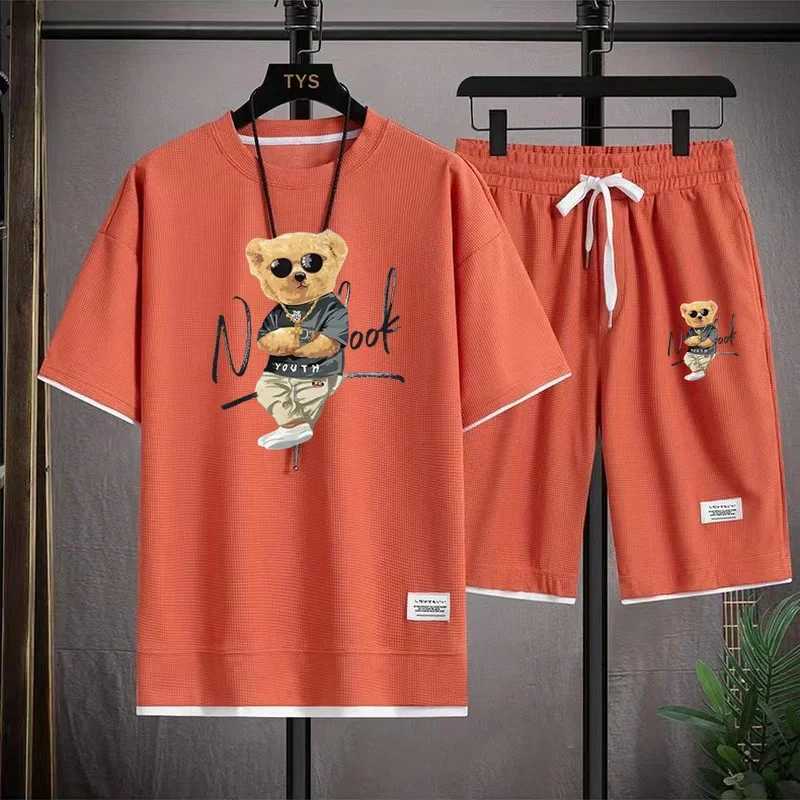 Fashion mens sportswear summer Harajuku casual short sleeved O-neck T-shirt and sports shorts 3D bear print 2-piece setXJ250326