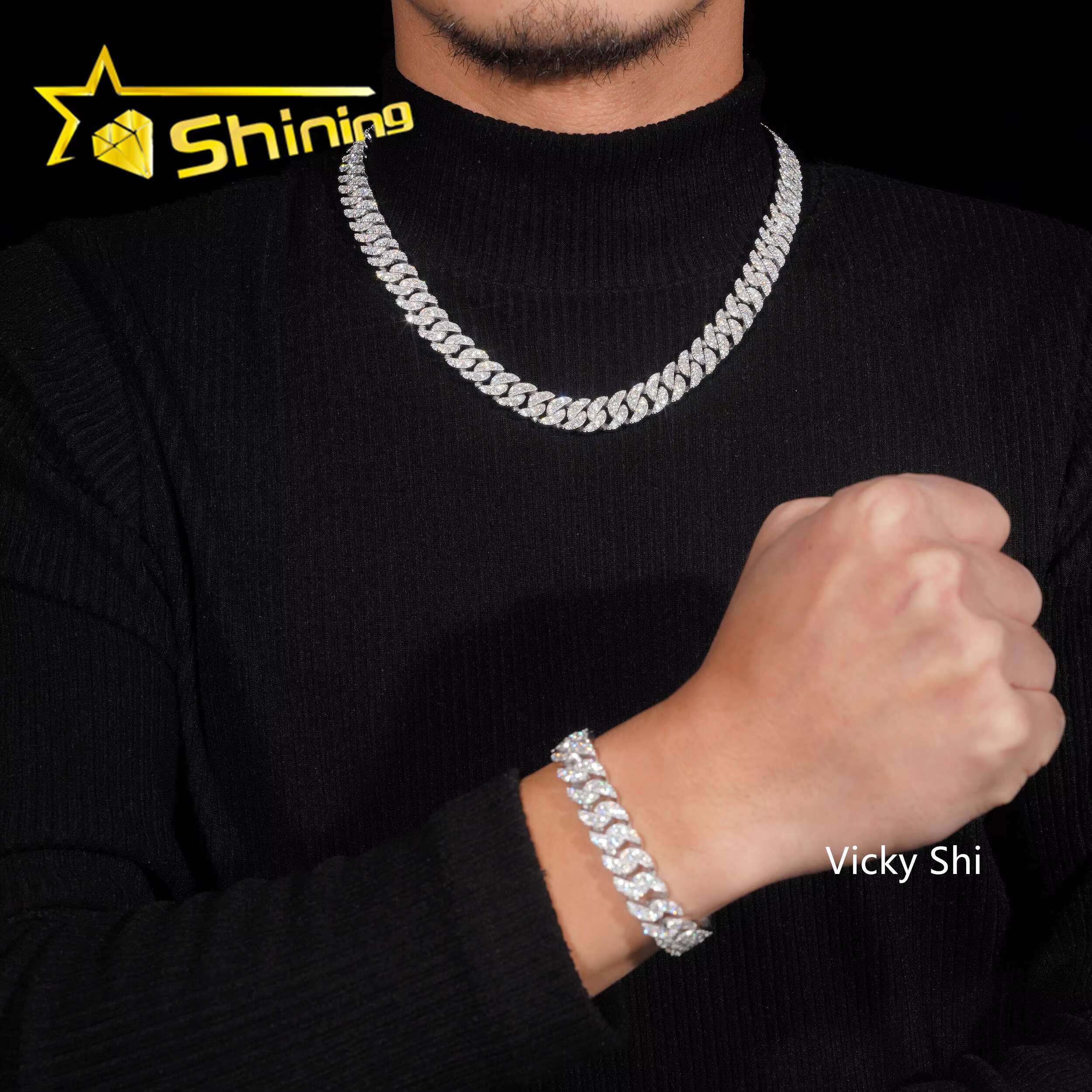 Rapper Hip Hop Jewelry Iced Out Moissanite Necklace 925 Sterling Silver 12MM Width Moon Shape VVS Moissanite Cuban Link