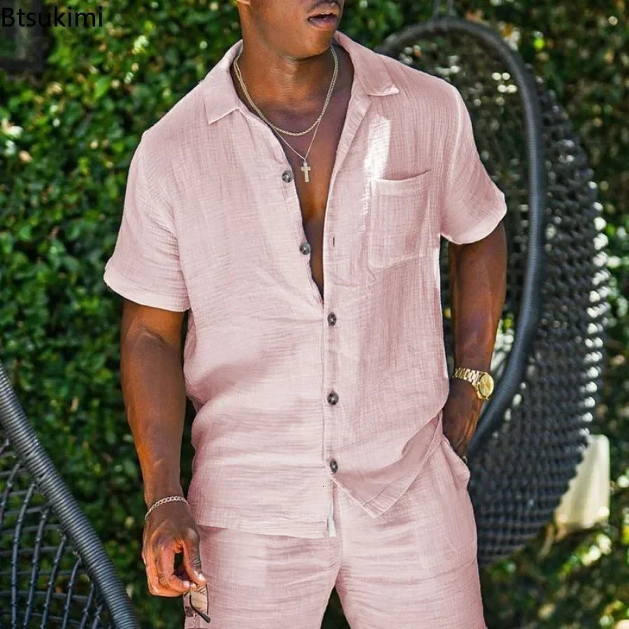 2025 Mens Summer Cotton Linen Casual Sets Fashion Short-sleeved Loose Shirt and Shorts Two-pieces Sets Man Beach Holiday Outfit 250324