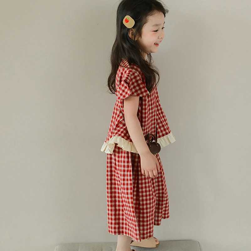 2023 Summer New Girl Plaid Set Personalized Small Sleeve Short Sleeve+Wide Leg Pants Fashion Clothing SetT250327
