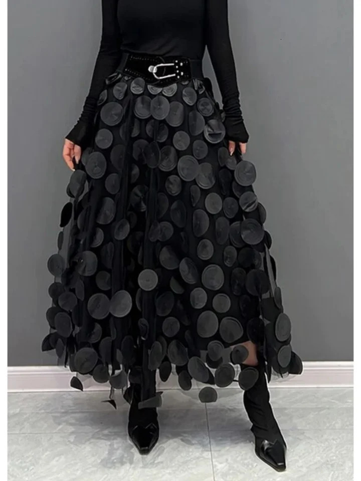 Women Polka Dot 3D Tulle Mesh Skirt Vintage Elastic Waist Long A-line Tutu Skirt 250317