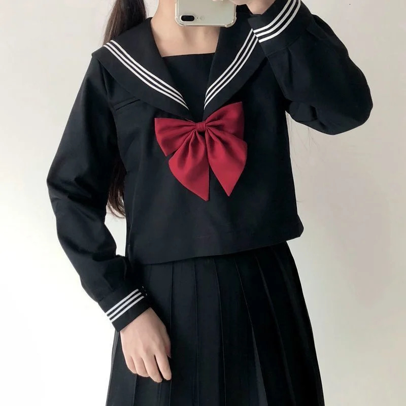 Japanese School Uniform Girls Plus Size Jk Set Red Tie Black Three Piece Basic Sailor Womens Long Sleeve 250326