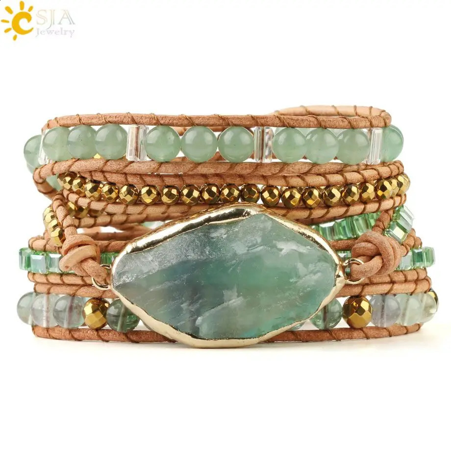 CSJA Boho Natural Stone Braided Bracelet for Women Green Aventurine Beads Handmade Wrap Bracelets Balance Bangle Jewelry G118 250318
