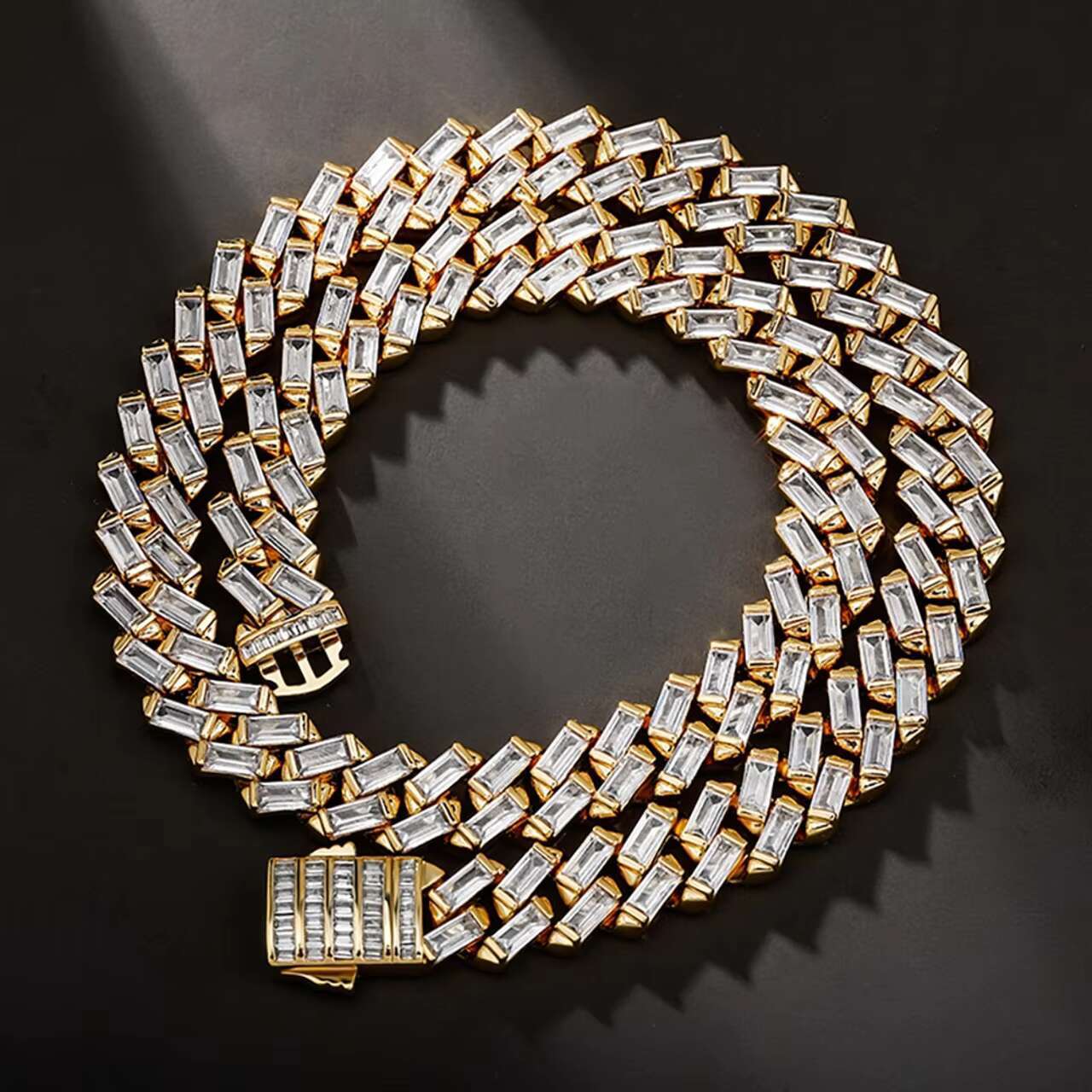 12mm All Baguette Cuban Link Hip Hop Moissanite Necklace White Yellow Gold Bling Chain for Wedding or Gift