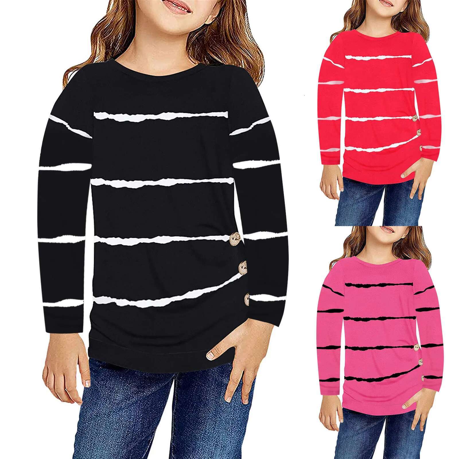 Ddmyshoesvip Old Little Girls Casual T Shirts Autumn Long Sleeve Striped Crewneck Tunic Tops Kids Tee Blouses T Shirt