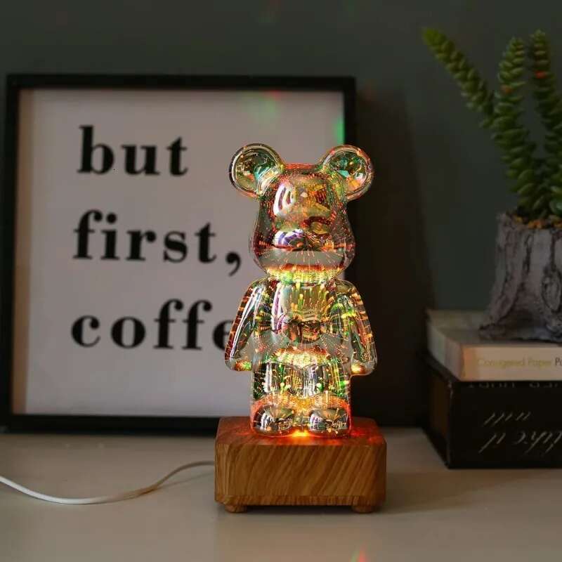 Aesthetic Fireworks LED 3D Animal Statue Glass Bear Sculpture Projector Lamp Figurine Accessories