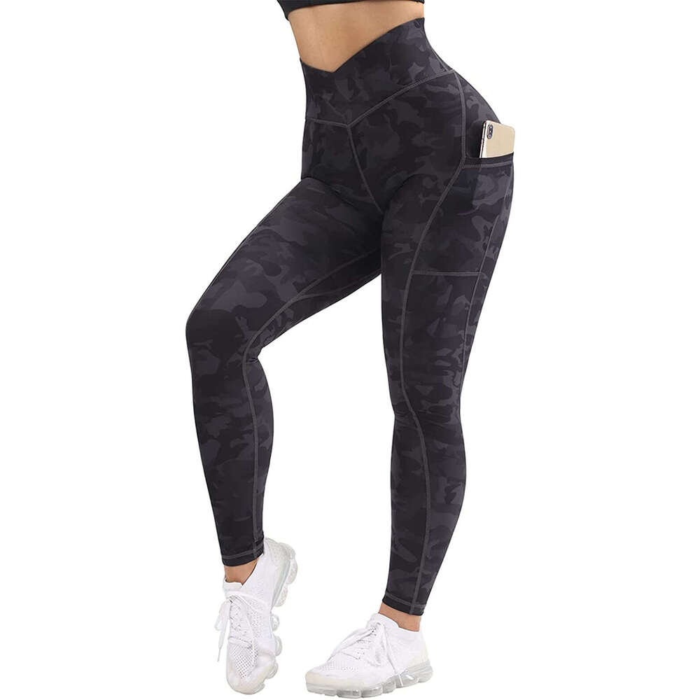 Women Yoga Pants Autumn And Winter Breathable Thin Style Solid Color Printed Slimming Cross Waist Bottom Pocket Pants YJ