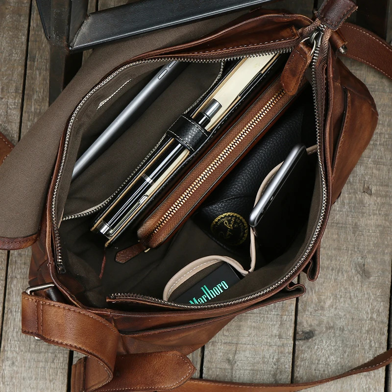 Retro leather messenger bag mens shoulder cross body casual suspender 250326