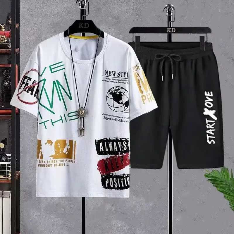 Mens summer casual short sleeved T-shirt+shorts set sports pants anime sports two-piece fashionable sportswear T-shirtXJ250326