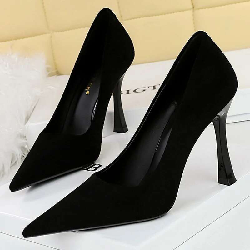 BIGTREE Suede Black Pumps Wine Glasses And High Pointed Toe Women Heels 7 Cm 10cm Ladies Office Shoes