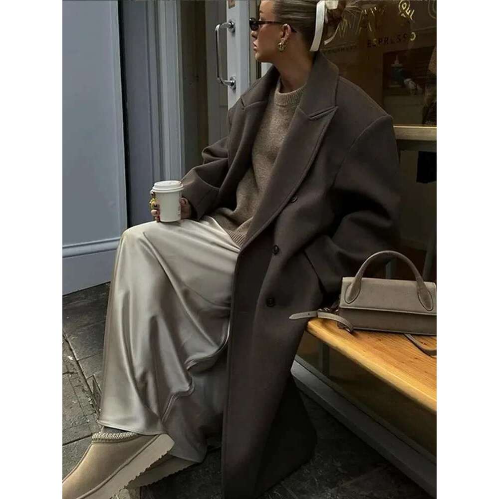 Women's Coat Lapel Women Long Coats Casual Straight Overcoat Double-Breasted Office Ladies Coat Autumn Winter Vintage Streetwear Outwear