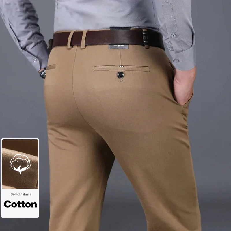 98% Cotton Classic Mens Brown Business Straight Casual Pants Solid Stretch High Waist Office Trousers Male Black Khaki 250317
