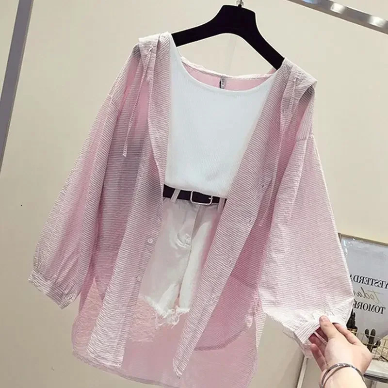 Summer Womens Versatile Thin Long Sleeve Loose Breathable Ultra Sunscreen Hoodie Ice Silk Coat 250326