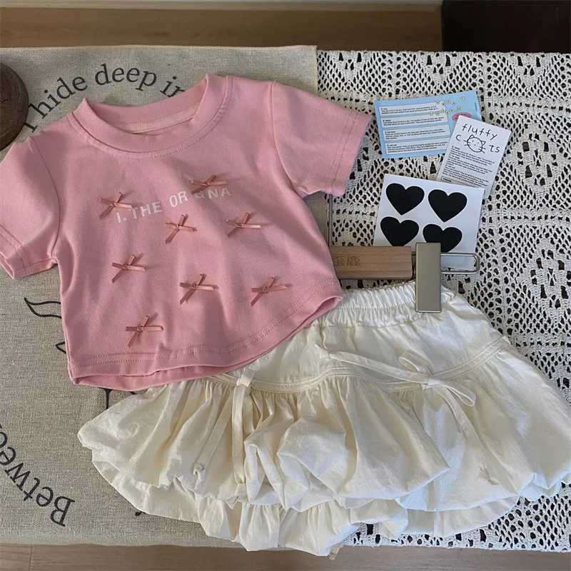 Angel Childrens Clothing 2025 New Summer Girls Bow Short Sleeve T-shirt Childrens Foreign style Culloses Two Piece SetT250327