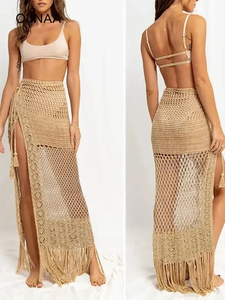 OIINAA Beach Dress Womens Sexy Solid Beach Dress Knitted Hollow Swimsuit Tassel Beach Dress Summer Dragging Swimsuit 250324
