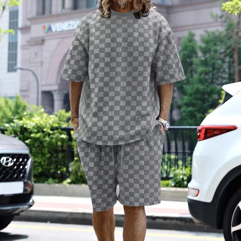 2024 summer towel plain weave mens collar short sleeved top and shorts fashionable casual oversized set 250326