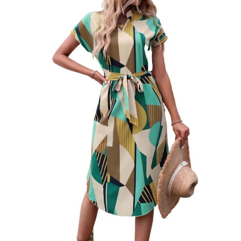 Dongdumaoyi Jurk Met Geoprint En Riem Casual Jurk Vierkante Hals Korte Mouwen Geschikt Voor Lente Zomer Dames WD