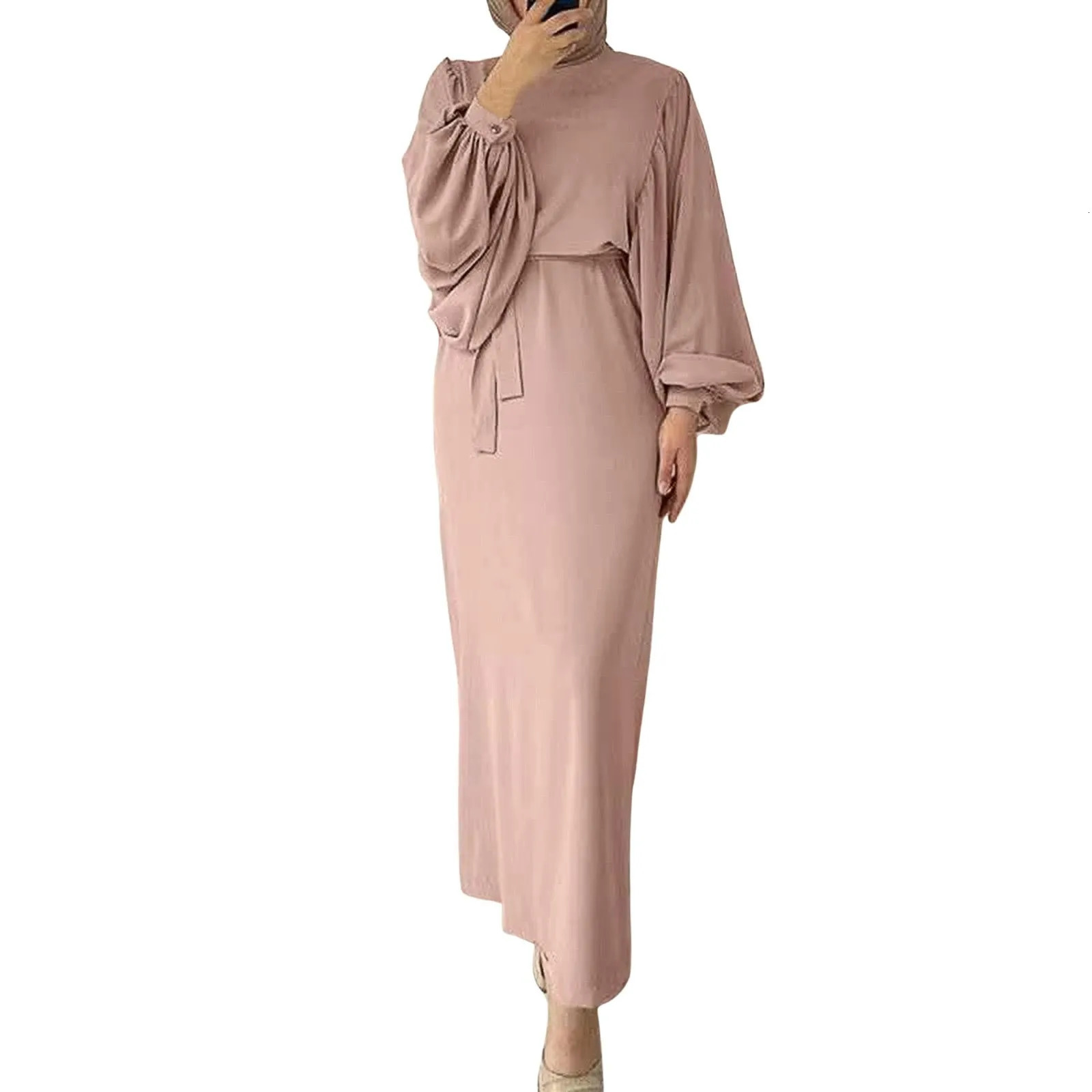 Womens Muslim Digital Elegant Long Sleeve Casual Dress Solid Color Robe with S4XL Belt 250326