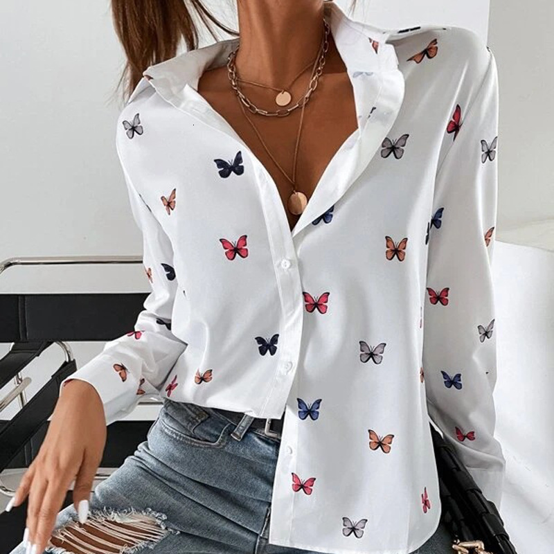 Women's fashionable printed long sleeved with butterfly print collar shirt for women
