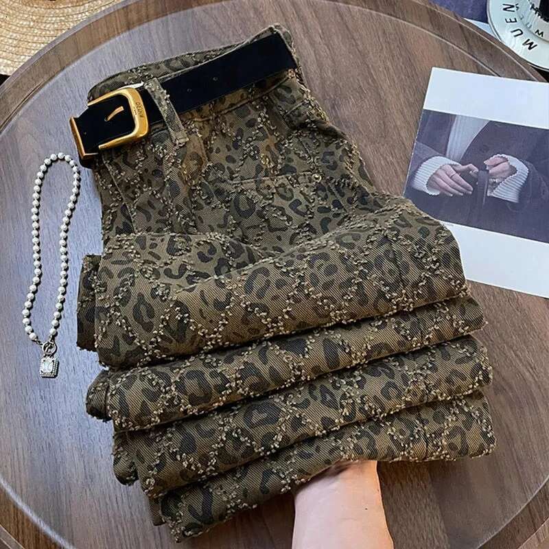 Leopard Print Womens Jeans High Waist Vintage Straight Baggy Pants Street Hottie Y2k American Style Wide Leg Denim Trouser
