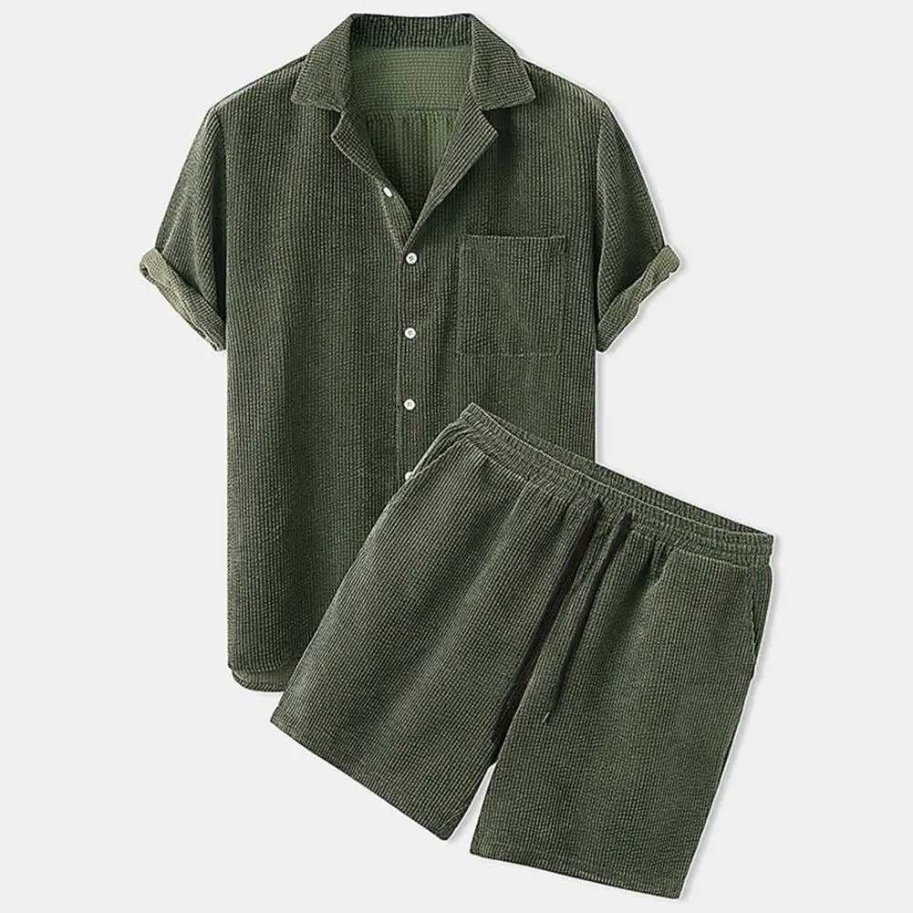 Summer mens Corduroy shorts set fashion collar short sleeved shirt+solid color shorts 2-piece set mens casual suit sportswearXJ250326