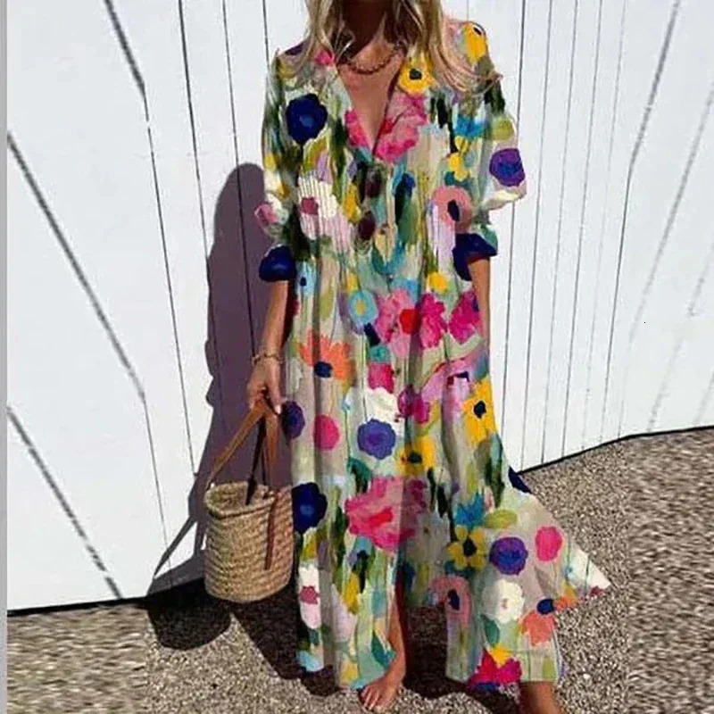 Womens V-neck Single Breasted Shirt Dress Casual Loose Bohemian Long Dress Retro Pattern Printed Loose Vacation Dress