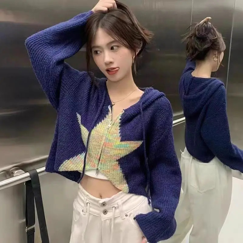 Womens Autumn American Retro Star Short Zipper Hooded Sweater Open Knitted Fashion Top Blue 250326