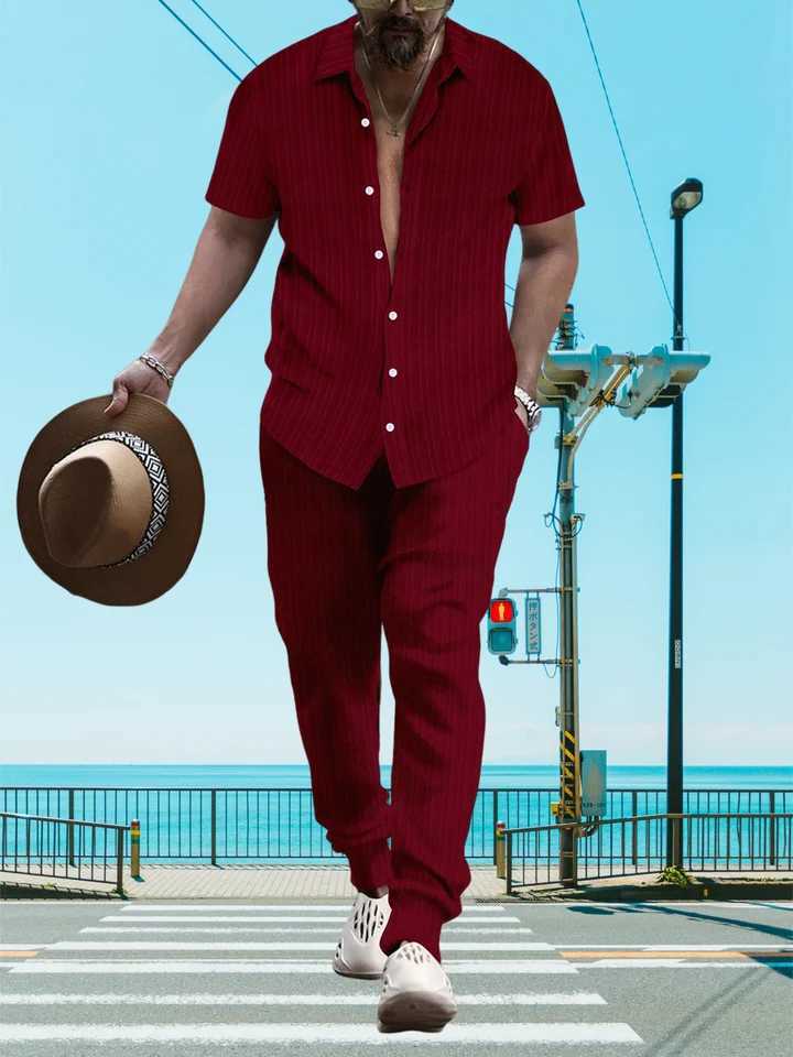 Ultra thin and lightweight summer mens casual loose short sleeved+Trousers beach set casual solid color lapel setXJ250326