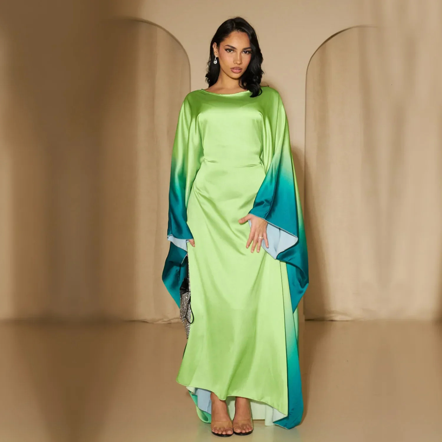 Womens Gradient Butterfly Ribbon Abaya Muslim Party Long Dress Abayas Dubai Slamic Clothing Eid al Fitr Ro 250326