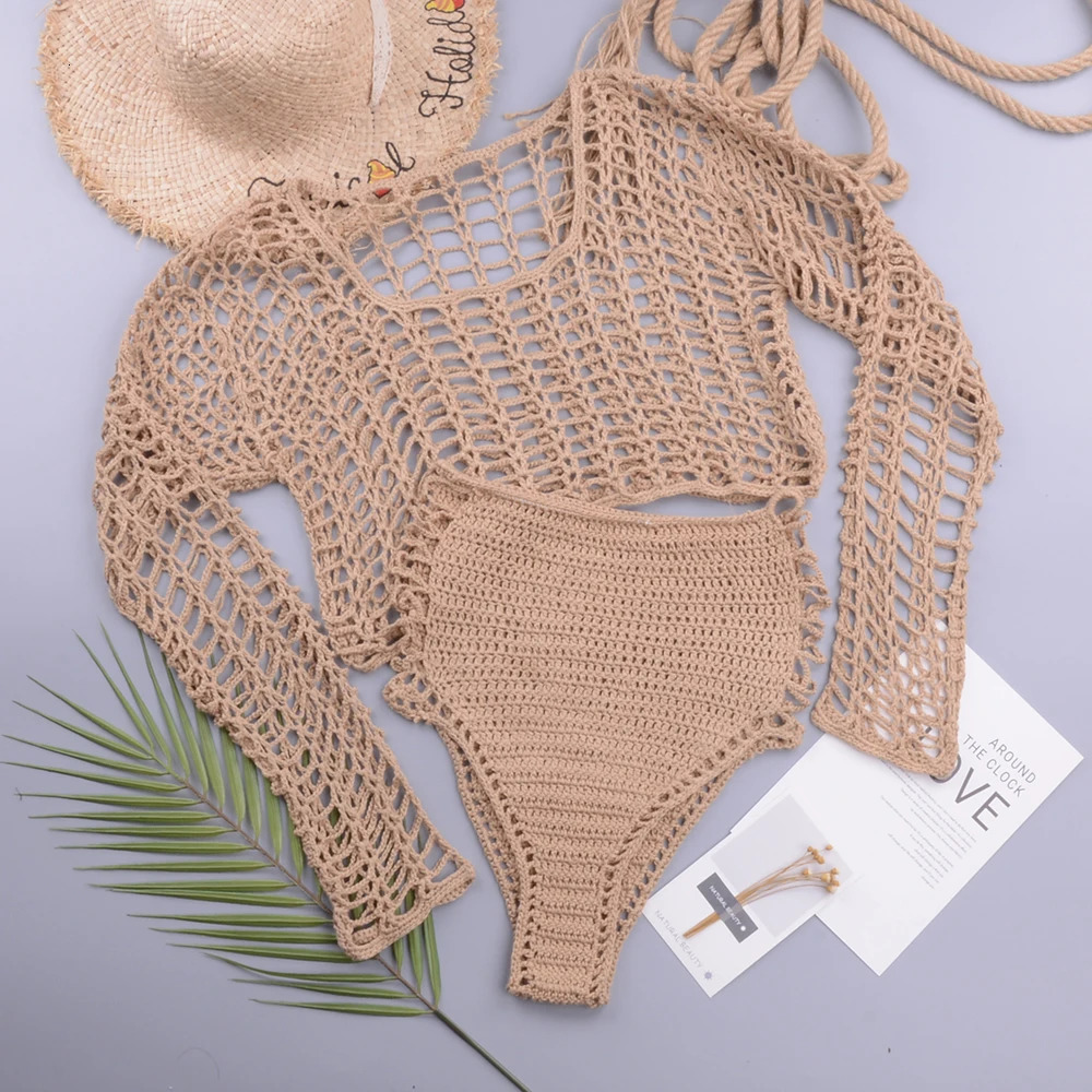 Swimsuit Female Bikini Crochet Beach Split Swimsuit Fishnet Hollow Out Mesh Bikini Cover Up Long Sleeve Boho Beachwear 250326
