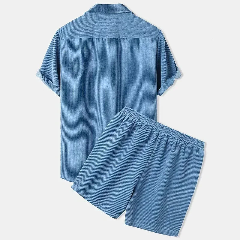 Spring and summer solid mens Corduroy set short sleeved button up shirt twopiece casual streetwear 250326