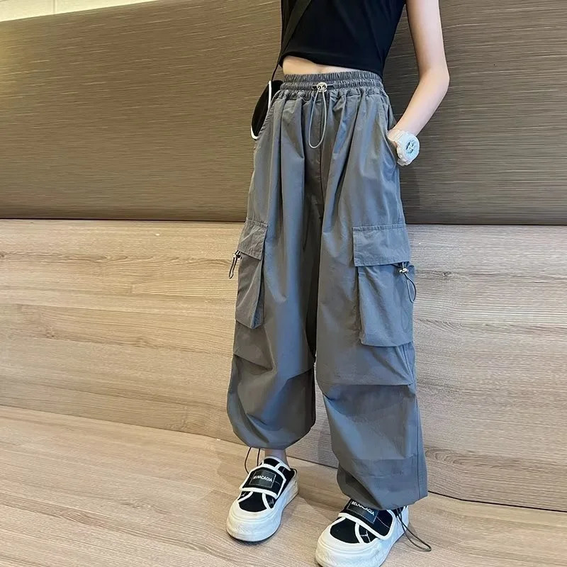 Girls jogging pants teenagers loose casual straight Trouser fashionable childrens pocket n cool street wear 514 Y 250325