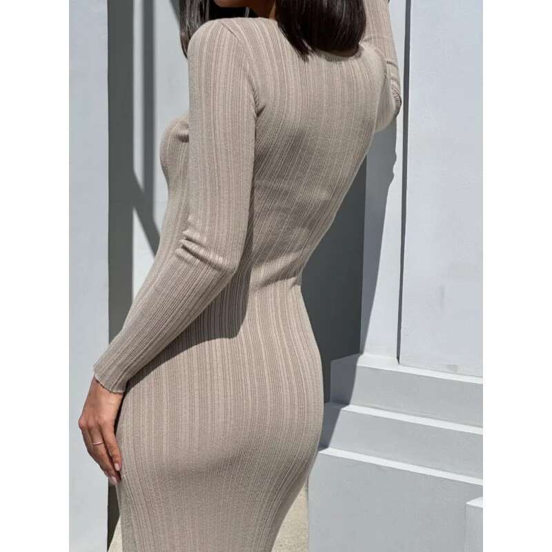 Dongdumaoyi Modieuze Elegante Effen Kleur Lange Mouwen Ronde Hals Slim Fit Jurk Dames