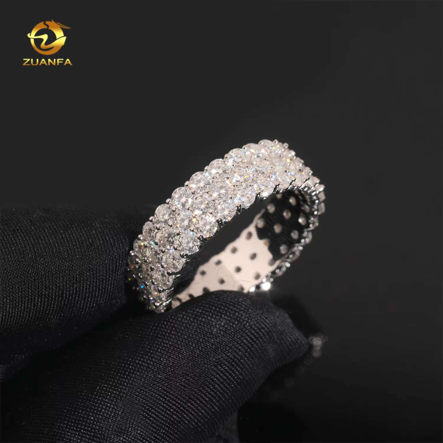 3rows Round Moissanite Band Ring 925 Silver Gold Plated Luxury Hip Hop Style Mens Rings