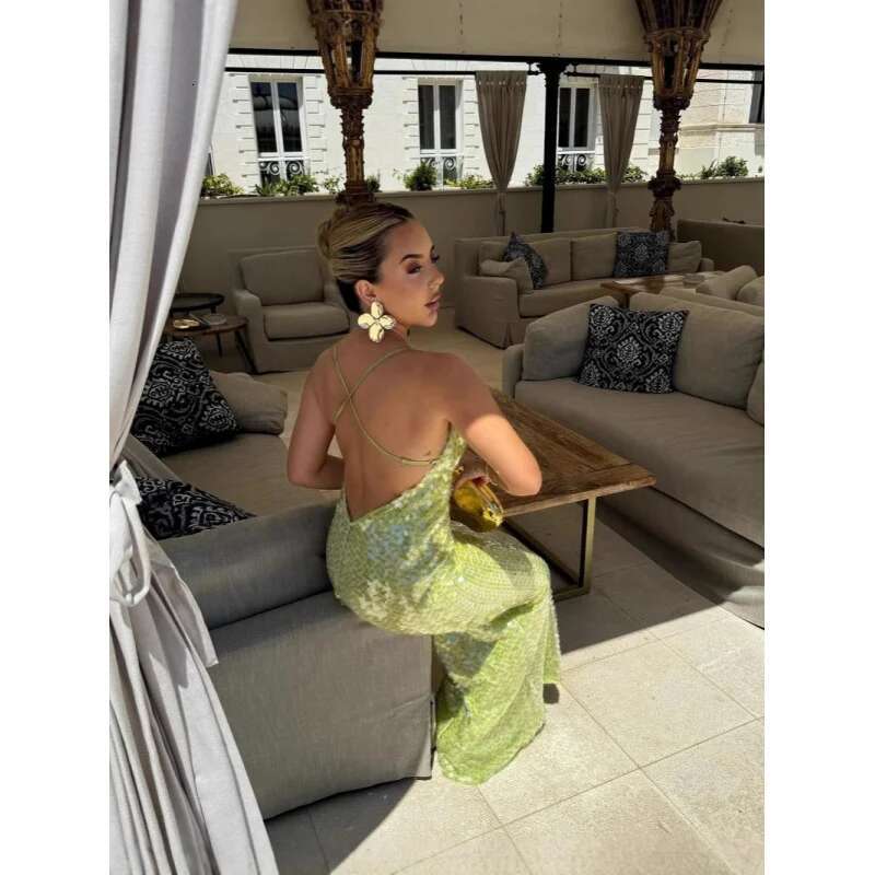 Dongdumaoyi Nieuwe Sexy Lovertjes Halternek Elegante Bodycon Maxi Jurk Met Open Rug Voor Dames