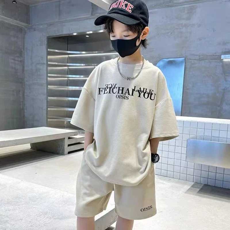 Childrens boutique clothing boys summer letter zipper T-shirt and shorts 2-piece set youth boys sportswear gym track and field clothing 6-16yT250327