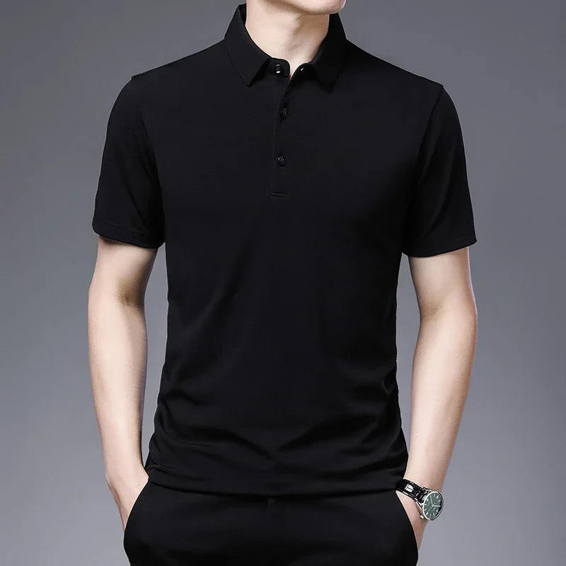 mens solid color business casual polo shirt summer fashion short sleeved comfortable breathable top 250327