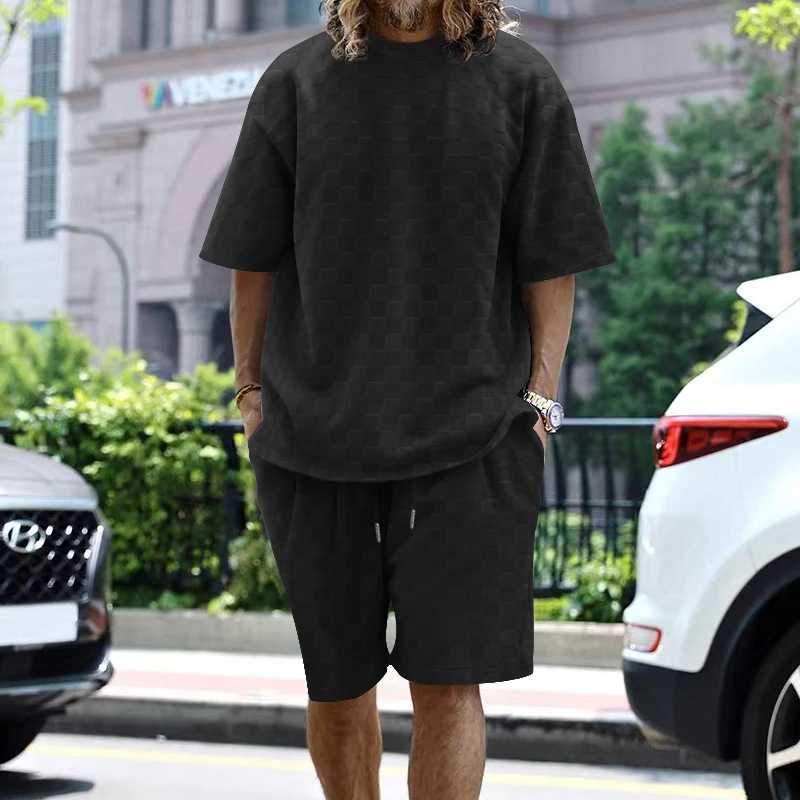 2024 new summer towel plain weave mens collar short sleeved top and shorts fashionable and casual oversized mens short sleeved setXJ250326
