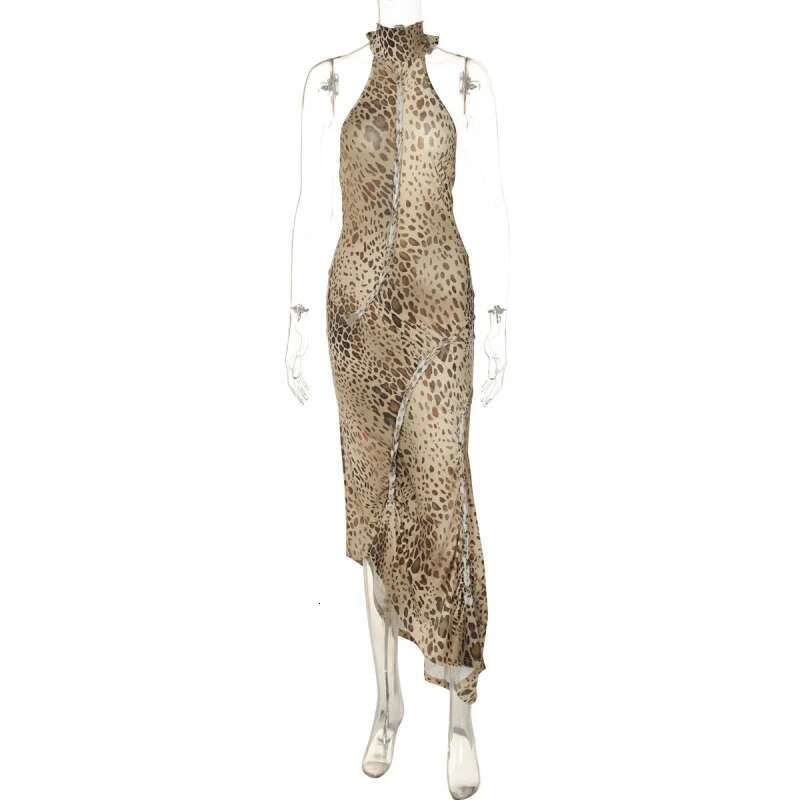 Dongdumaoyi Lente Nieuwe Sexy Backless Slim Fit Tie Back Halter Asymmetrische Luipaardprint Vrouwen Jurk C