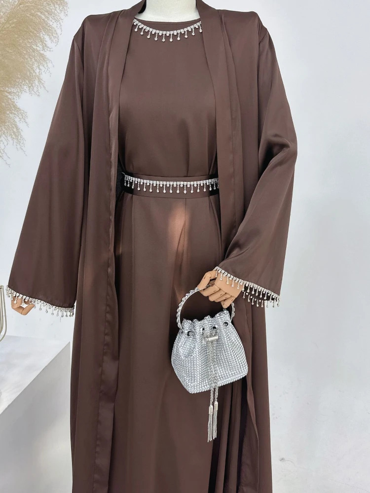 Eid al Fitr Silk Satin Party Abayas Set 2 pieces Ramadan women with diamond chain cardigans Islamic Abaya 250326