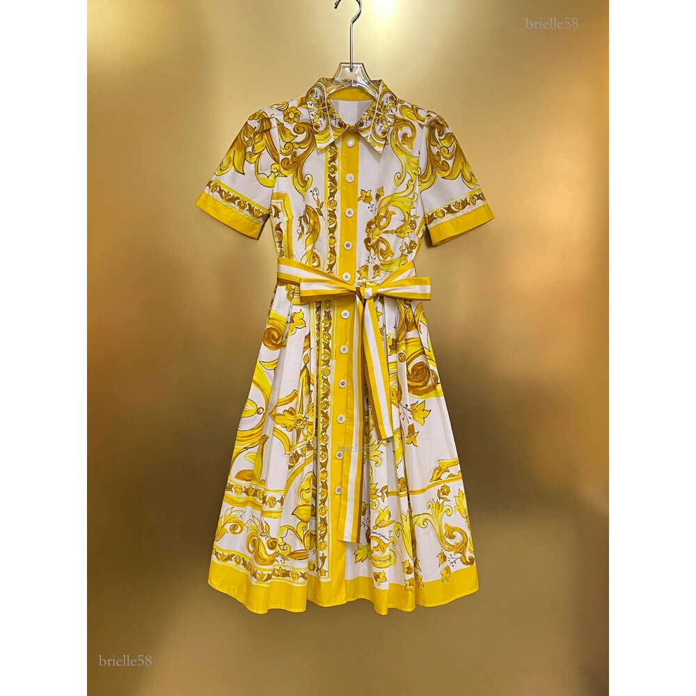 European Designer Designs 2024 New Yellow Porcelain Cotton Cloth Waist Wrap Custom Button Shirt Dress
