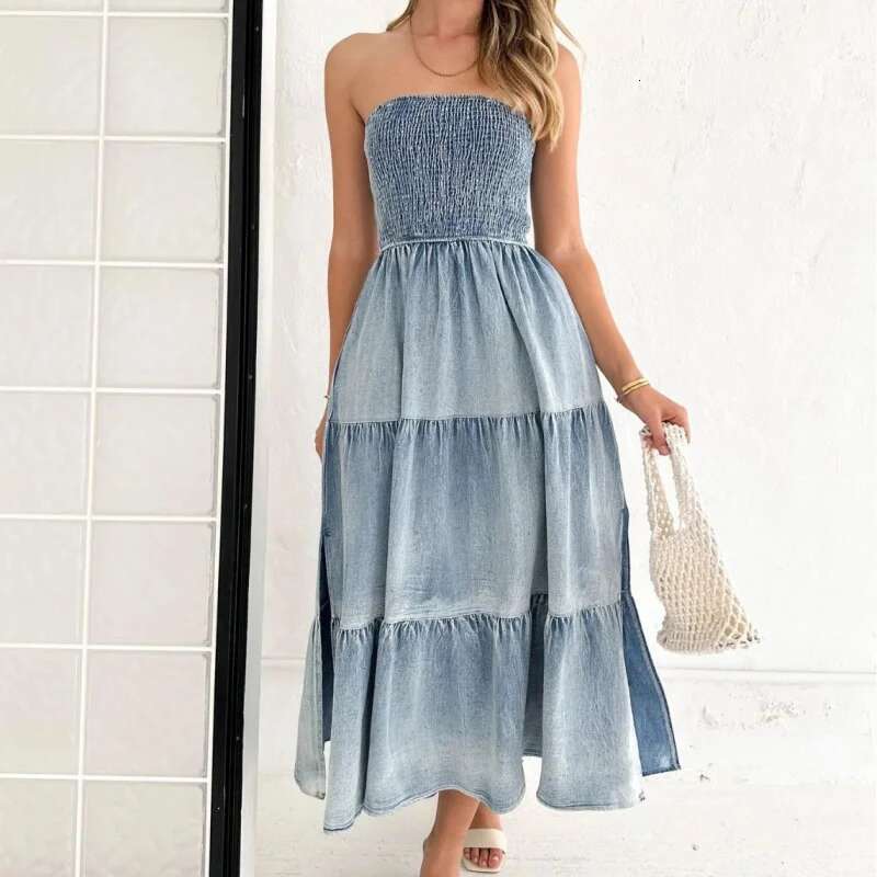 Dongdumaoyi Zomer Dames Elegante Zoom Patchwork Bustier Cake Denim Lange Jurk Met Zijsplit