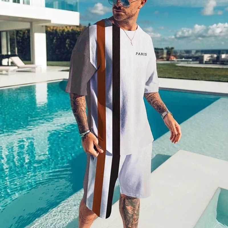 Summer mens track and field clothes 2-piece O-neck 3D short sleeved shirt set mens running clothes oversized T-shirtXJ250326
