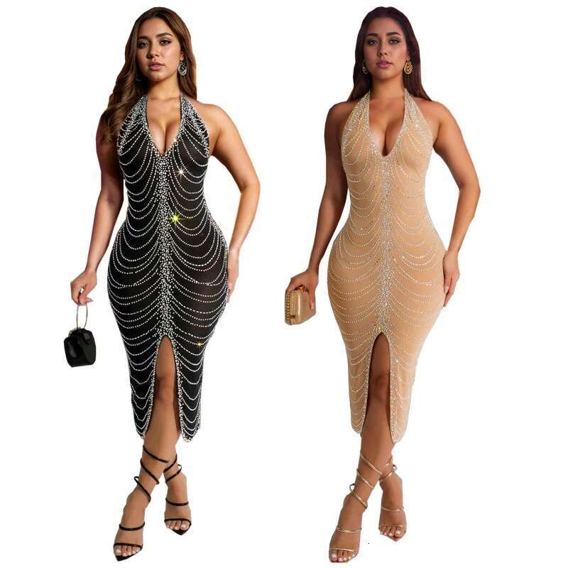 Dongdumaoyi Mode Dames Strass Slim Fit Sexy Bodycon Lange Jurk C