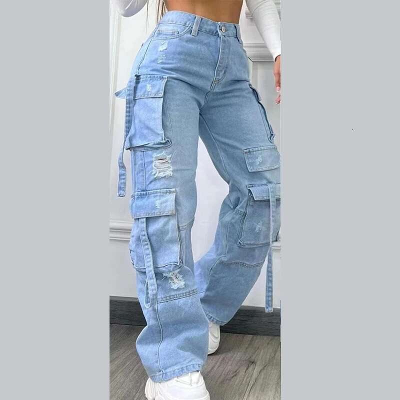 Casual Pocket Loose Hole Women's Jeans High Waist Wide Legs Zipper Female Straight Trouser Spring Summer Fashion Streetwear