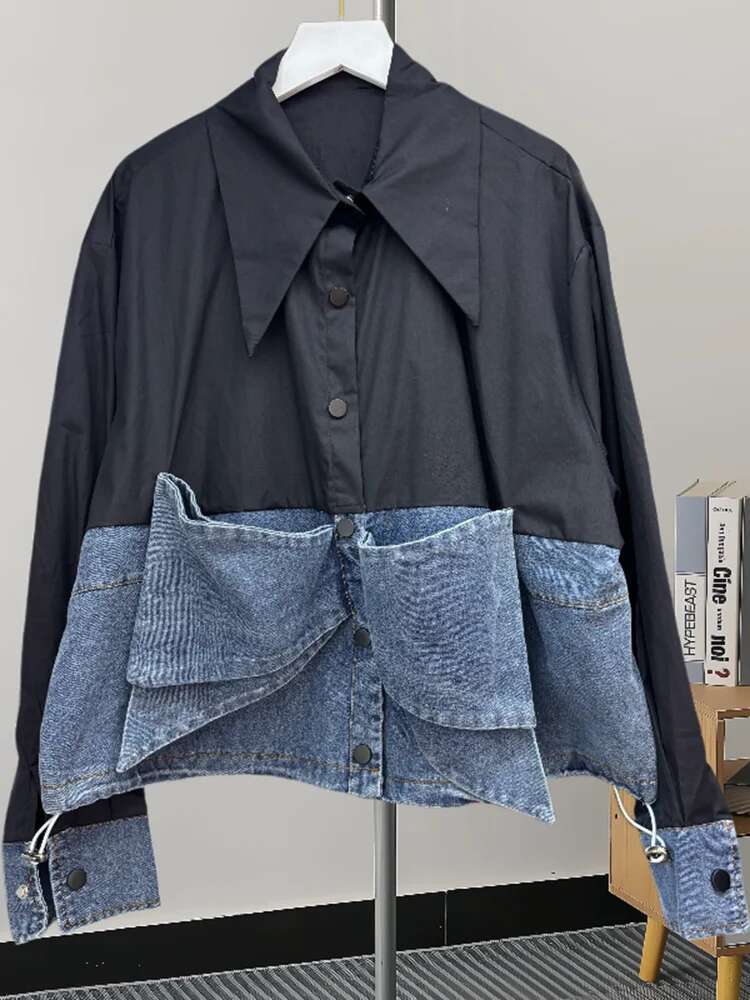 Spliced Denim Lapel Shirts For Women Single Breasted Full Sleeve Color Block New Female Niche Design Shirt