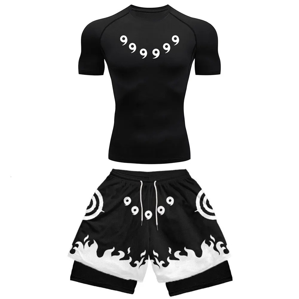 Mens Sports Compression Set Anime Printing Gym T-shirt Breathable Running Shorts Quick Drying Sports Protection Rush Sportswear Set 250326
