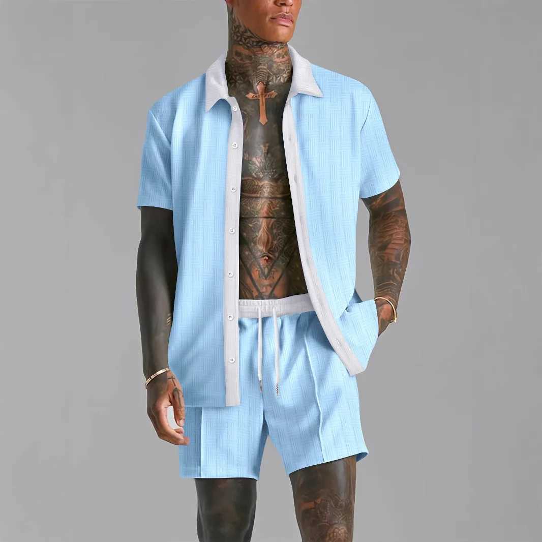 Summer mens casual suit patch work transparent lapel short sleeved shirt and shorts fashionable and comfortable two-piece street TWearXJ250326