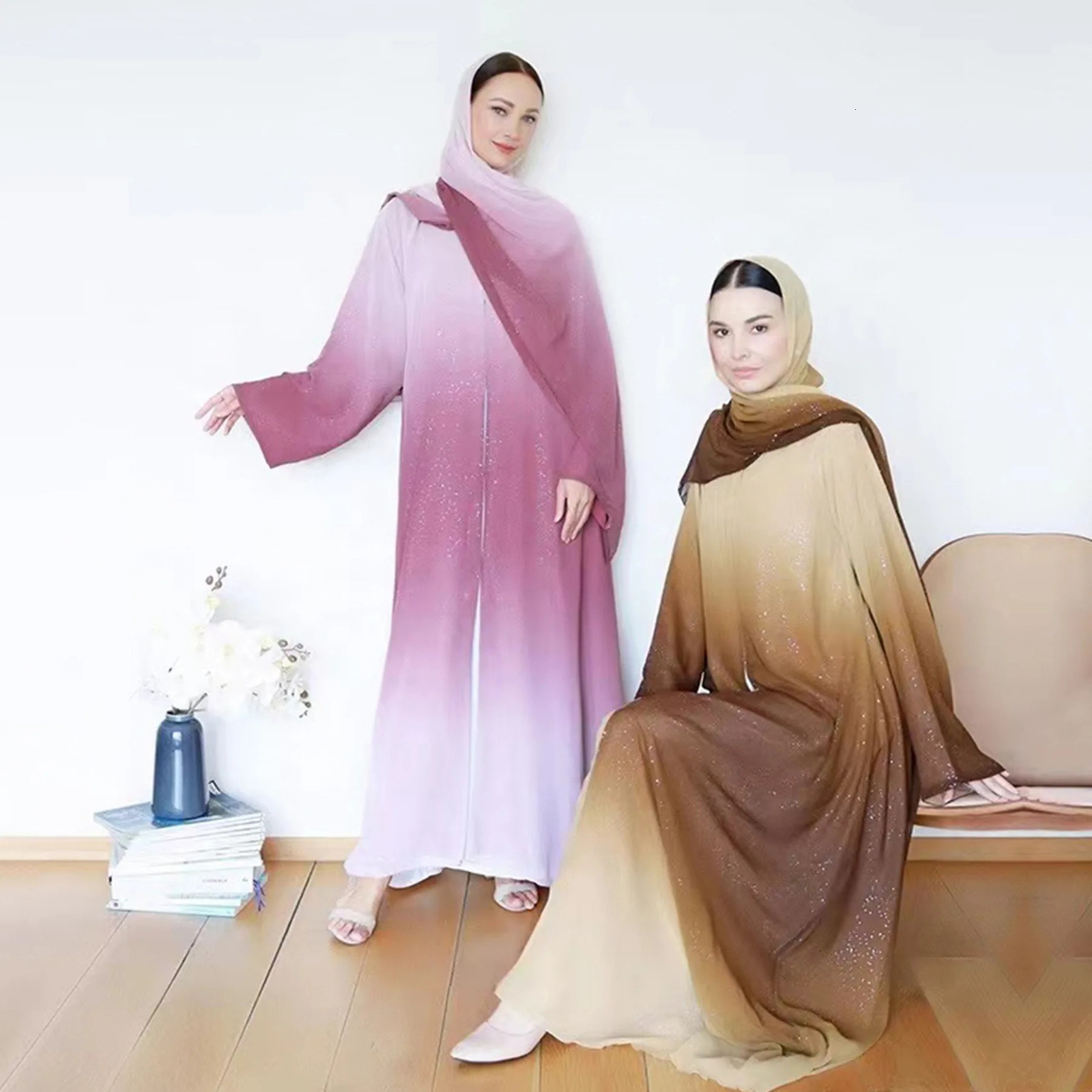 Dubai y gradient color Abaya open kimono Muslim dress with scarf moderate robe Khimar Islamic Ka Caftan Jalabiya Kaftan 250326