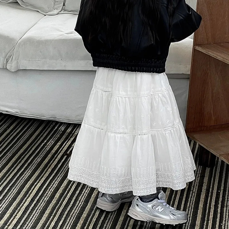 Girls French Vintage High Waist long style skirt 2-7Years Autumn Kids Lace embroidered A-line umbrella Skirts 250326